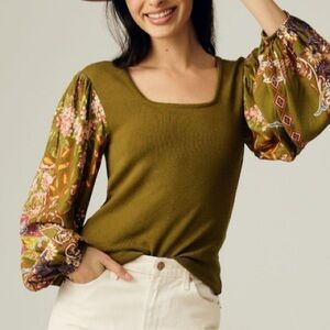 Anthropologie Bl-nk Printed-Sleeve Sweater Top Green Motif